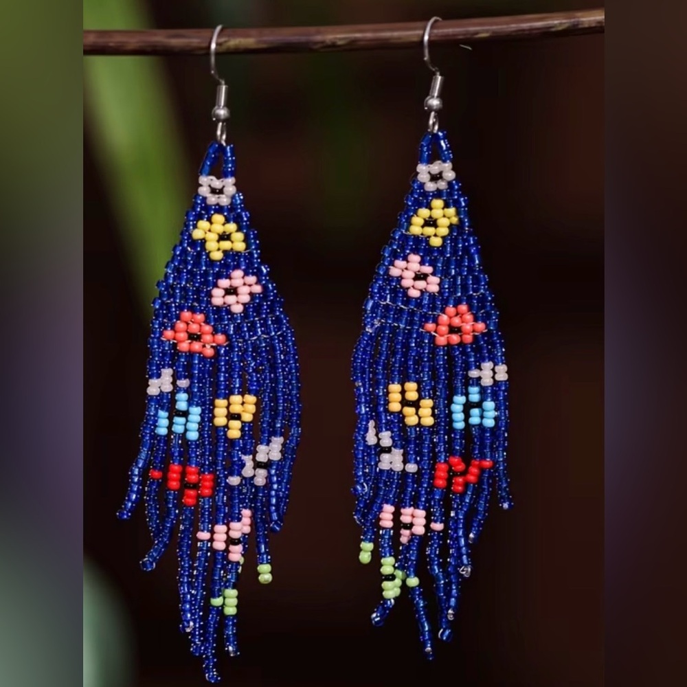 3.55” Blue Beaded Fringe Earrings with Floral Accents